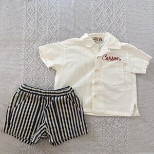 Custom Carson Embroidered White Button Down Shirt & Navy Striped Shorts Set